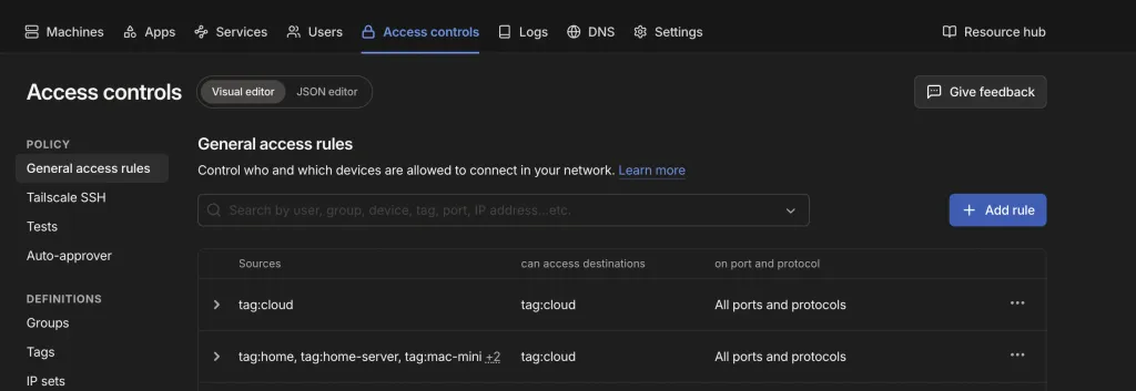 Tailscale Access controls visual editor