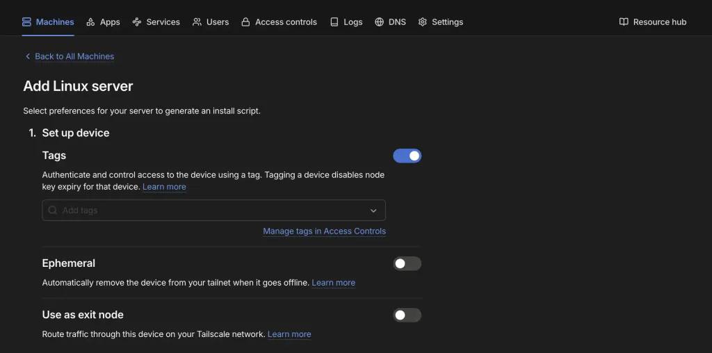 Tailscale Add Linux server 產生 install script 介面