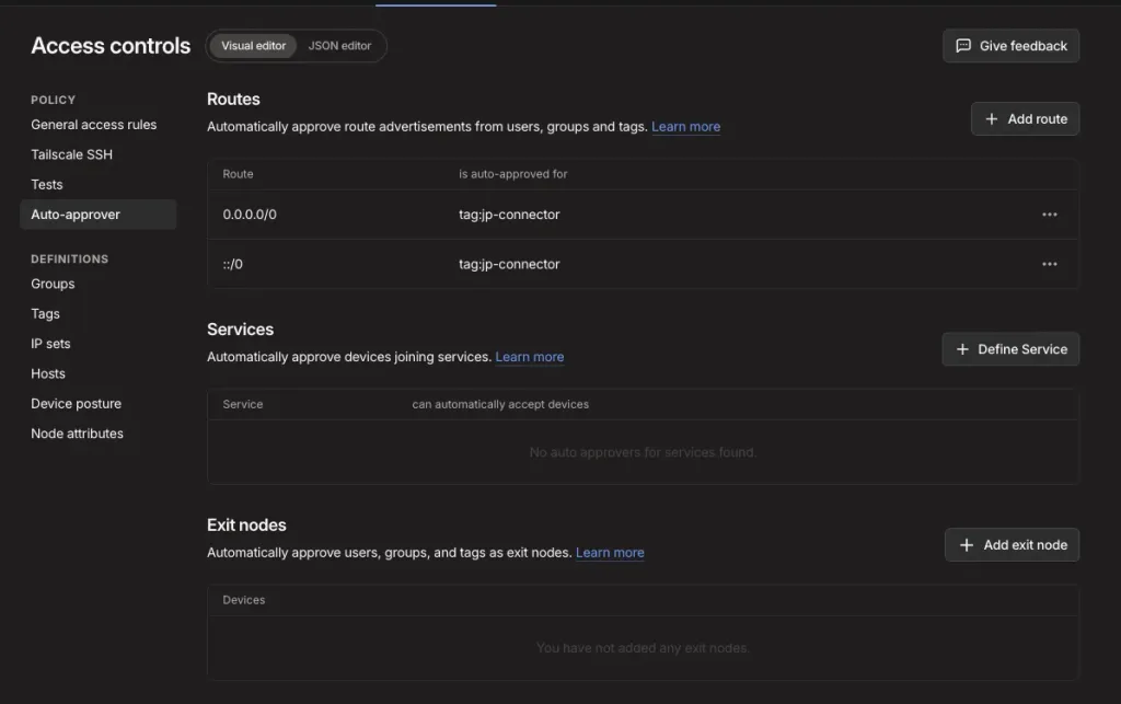 Tailscale Auto-approver 頁面：Routes 加入 0.0.0.0/0 同 